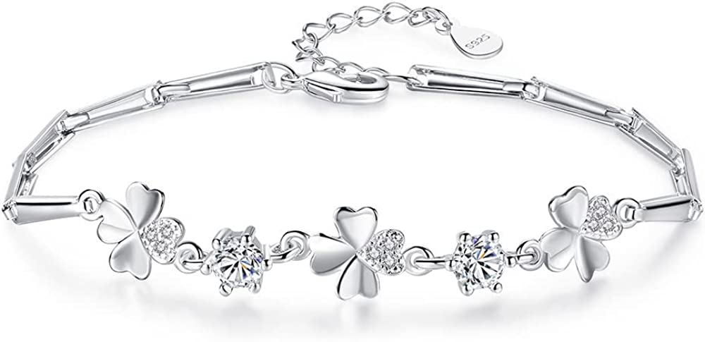 Clear Cubic Zirconia Heart Clover Flower Bracelet For Women Girls 14K White Gold Plated Cubic Zirconia Birthstone Heart Pendant Adjustable Rectangular Bamboo Chain Fashion Exquisite Jewelry Gifts Birt