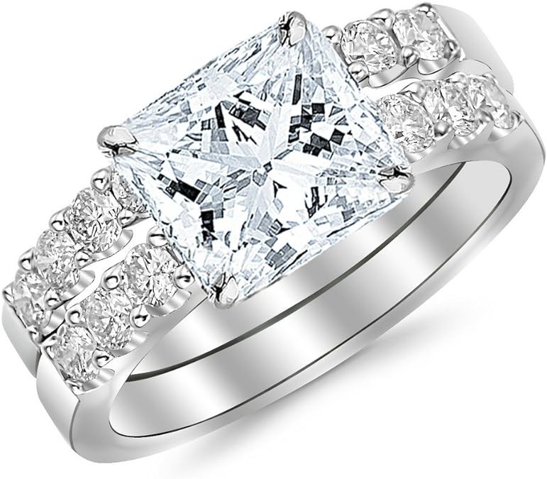 14k Yellow OR White Gold SOLID Wedding Engagement Ring and Wedding Band 2 Piece Set